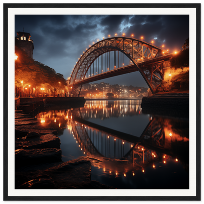 Illuminated steel arch bridge reflecting in water for Lucid Lightways framed bridge art