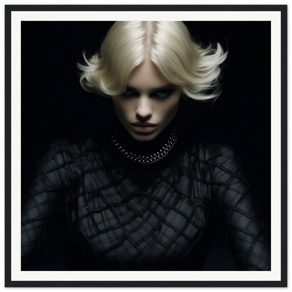 Dramatic portrait of platinum blonde in dark clothing for Luminous Gothic Whispers art