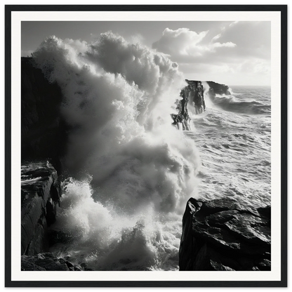 Powerful ocean waves crashing against cliffs in Majestic Tempest Dance artwork