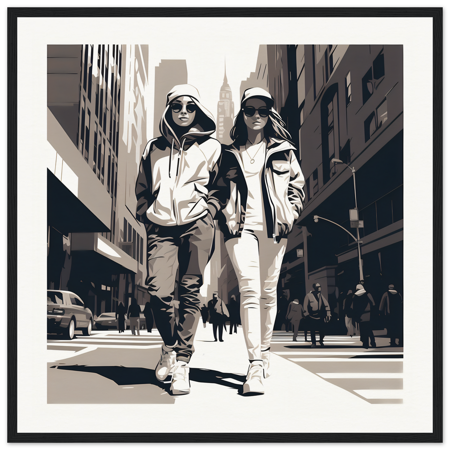 Two friends rocking streetwear and shades in Metropolis Footprints Drifting art