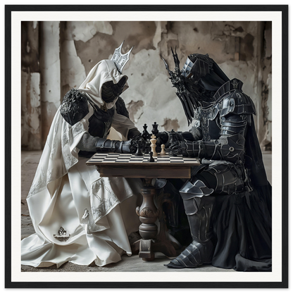 Two armored figures in Mind’s Naissance Battle playing chess at a wooden table