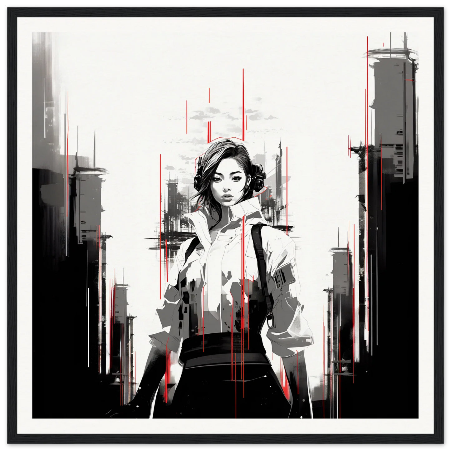 Black and white artistic portrait in jacket with vertical red lines for Mono City Electric