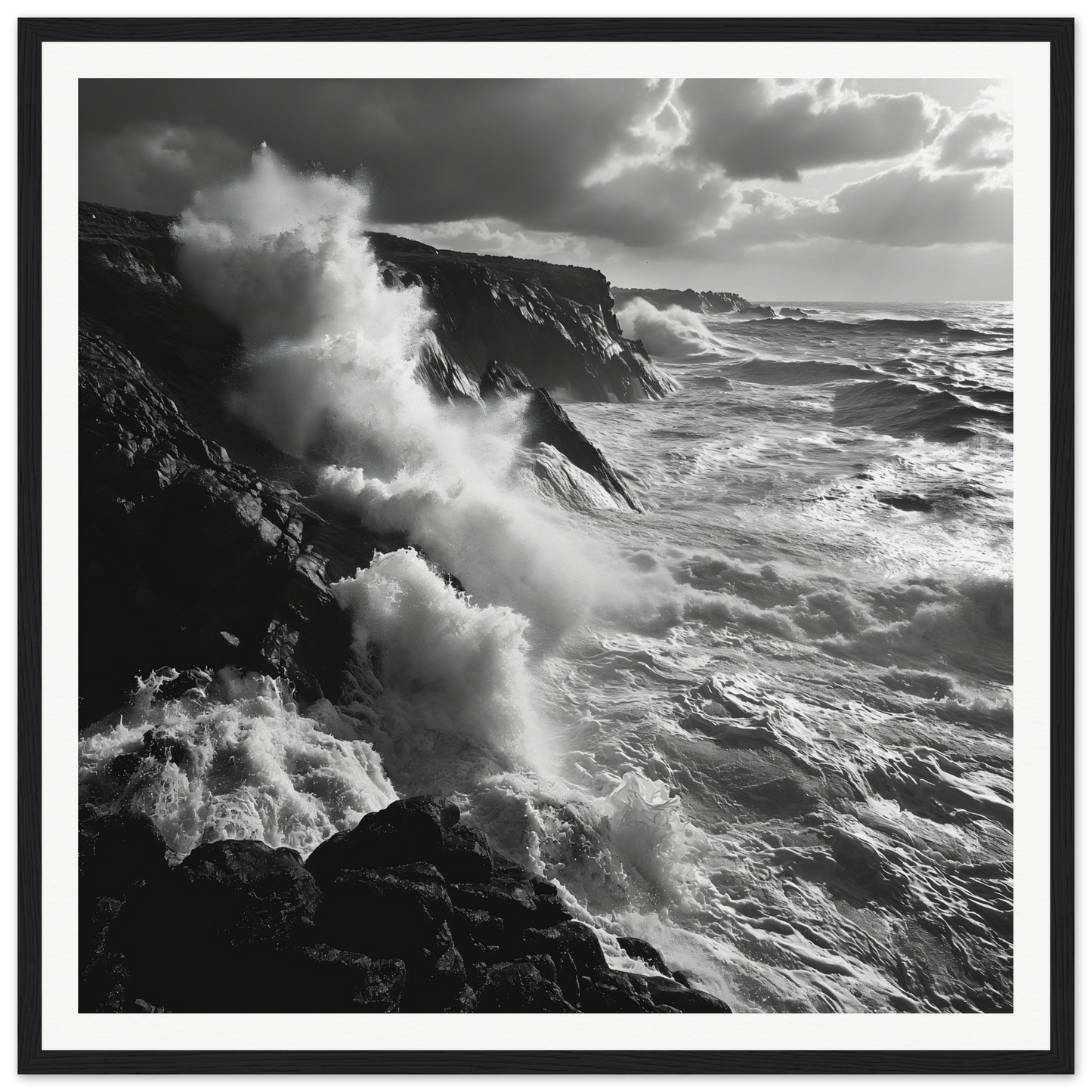 Powerful ocean waves crash against rugged cliffs in Mystic Tempest Waltz framed poster