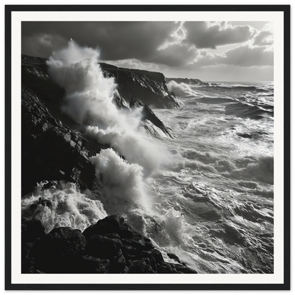 Powerful ocean waves crash against rugged cliffs in Mystic Tempest Waltz framed poster