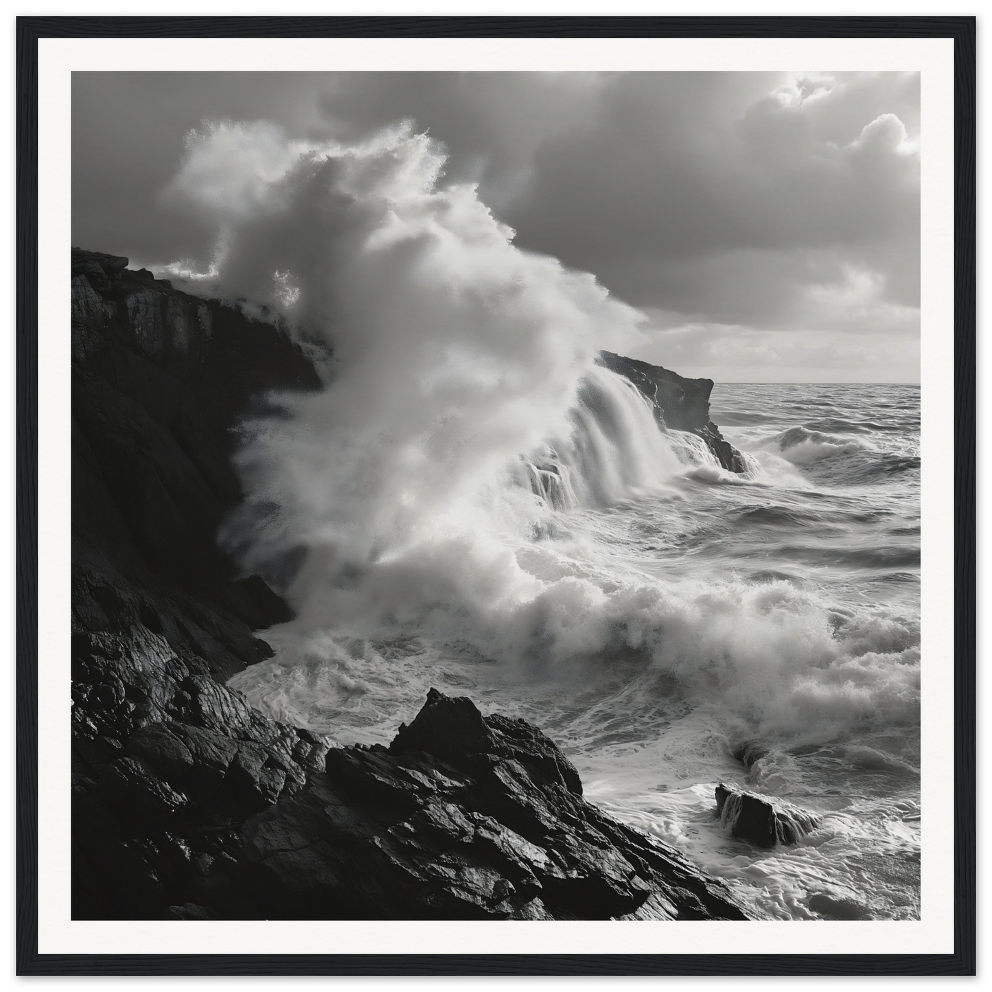 Powerful ocean waves crashing on rocky cliffs in Nature’s Whispered Conquest art™