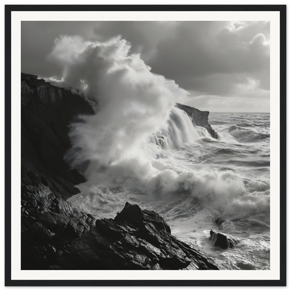 Powerful ocean waves crashing on rocky cliffs in Nature’s Whispered Conquest art™