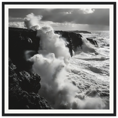 Powerful ocean waves crashing on cliffs in Ocean Roars Symphony framed poster art