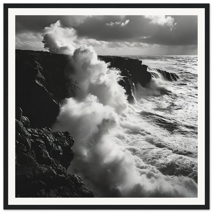 Powerful ocean waves crash on volcanic cliffs in Ocean’s Rhapsody Reflections art