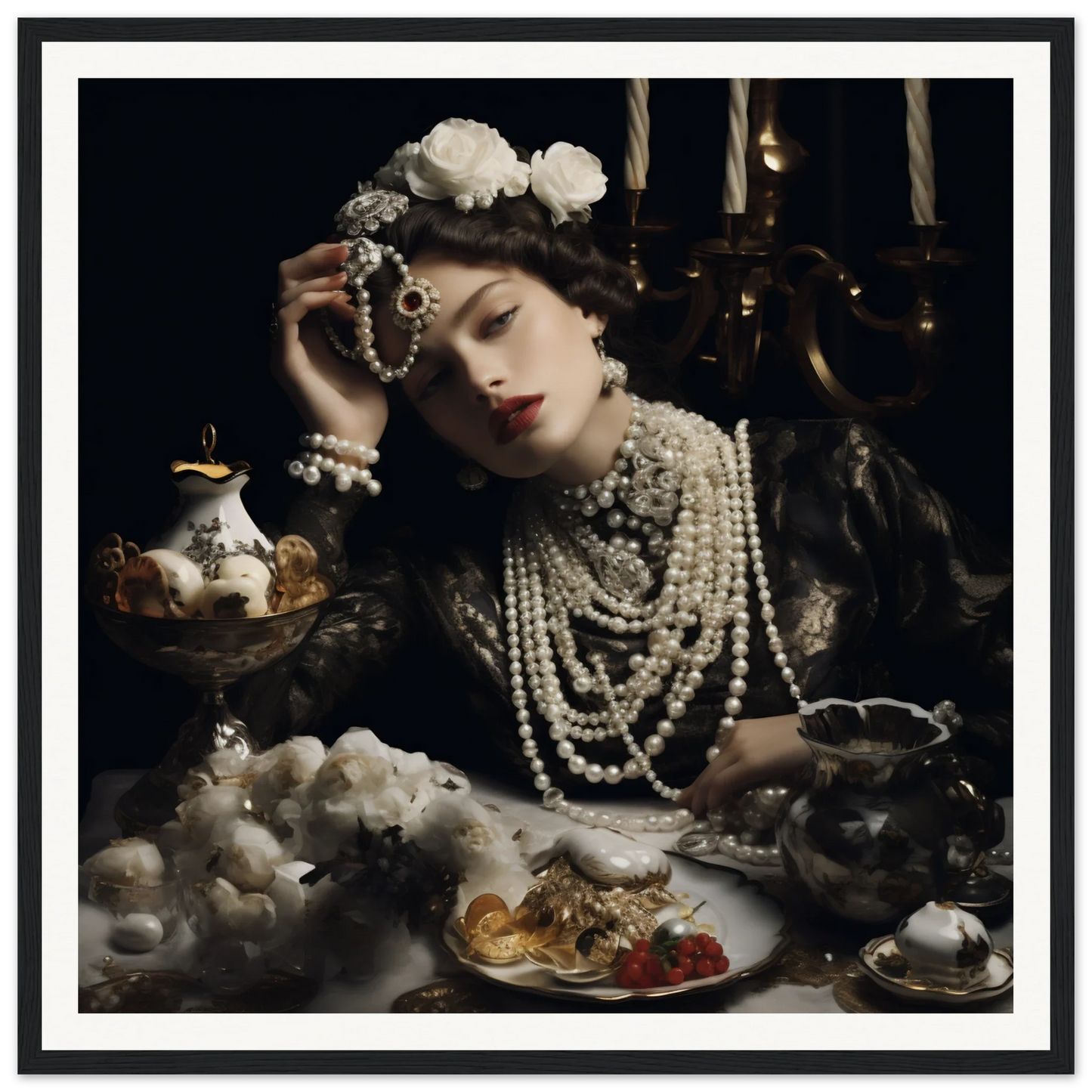 Dramatic portrait of Opulence’s Quiet Soul with pearls and roses in a baroque setting