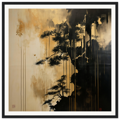 Dark silhouette of a pine tree with paint effects in Pine Fog Reverie art piece