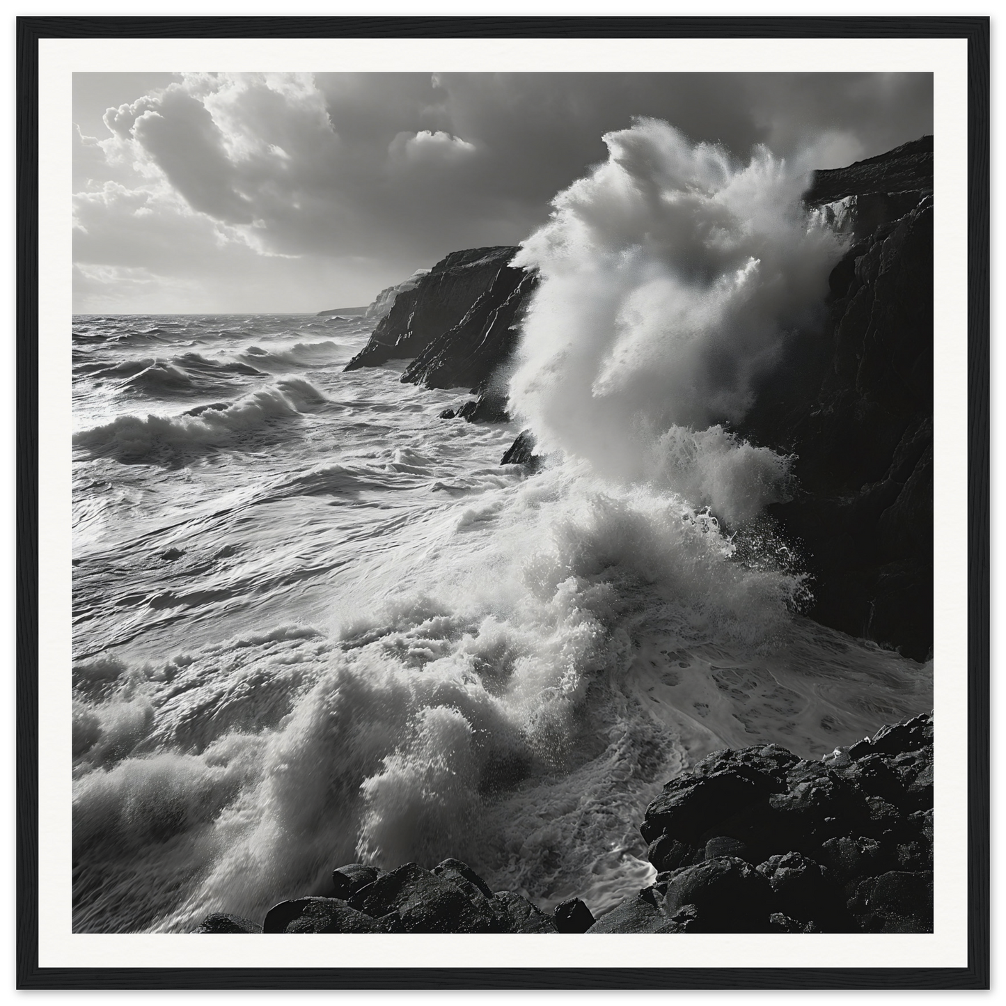 Powerful ocean waves crashing on cliffs in Primal Ocean Symphony framed masterpiece