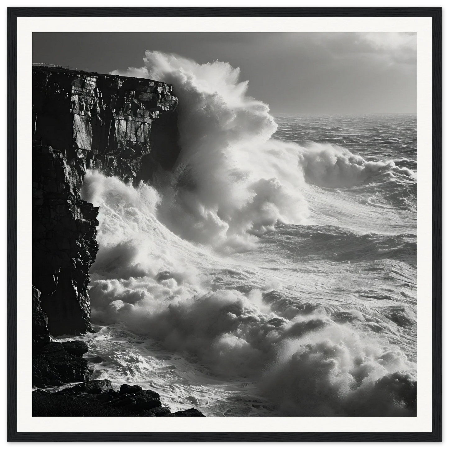 Powerful ocean waves crash on cliffs in Relentless Ocean’s Ballet framed poster