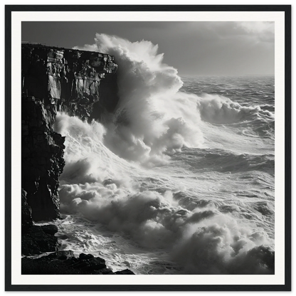 Powerful ocean waves crash on cliffs in Relentless Ocean’s Ballet framed poster