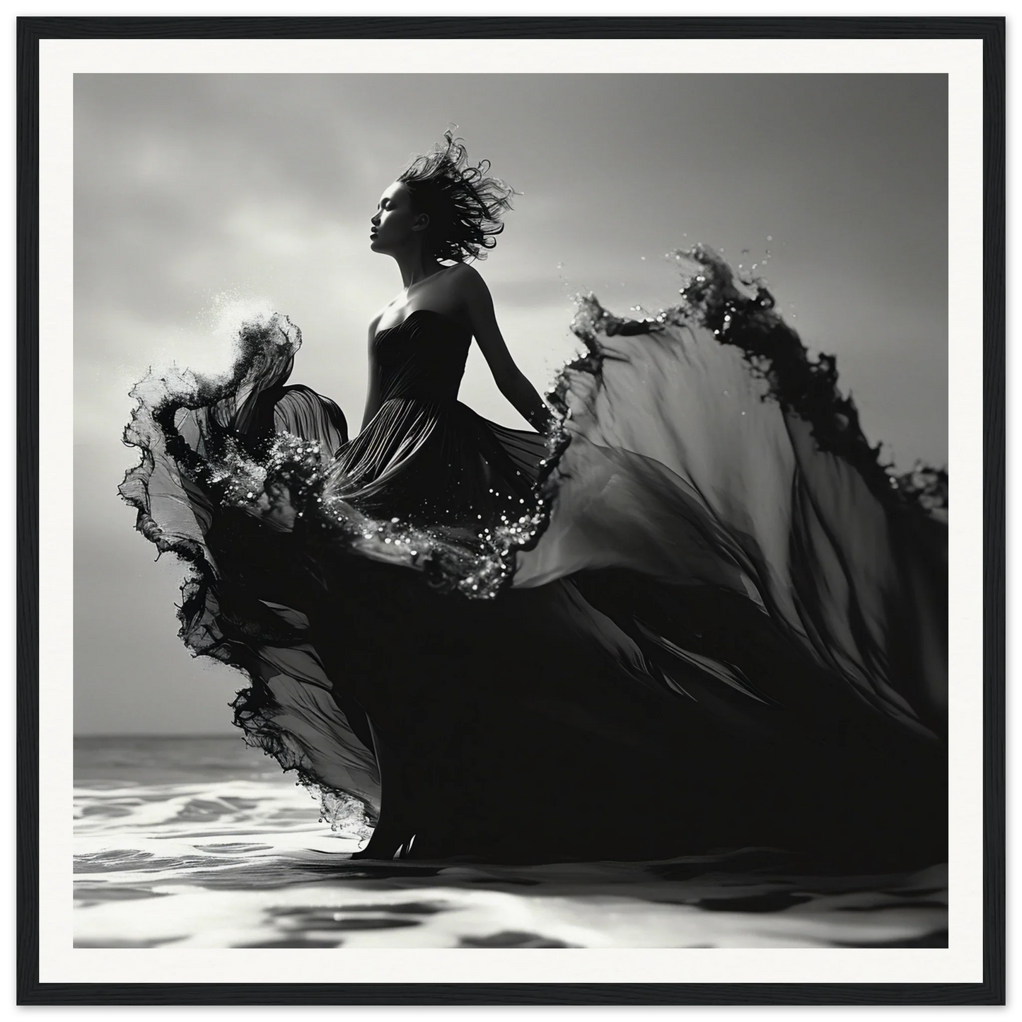 Silhouetted figure in a flowing dress by ocean waves in Sea Elegance Ascends art