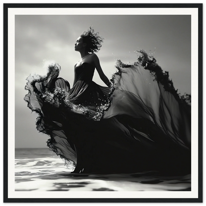 Silhouetted figure in a flowing dress by ocean waves in Sea Elegance Ascends art