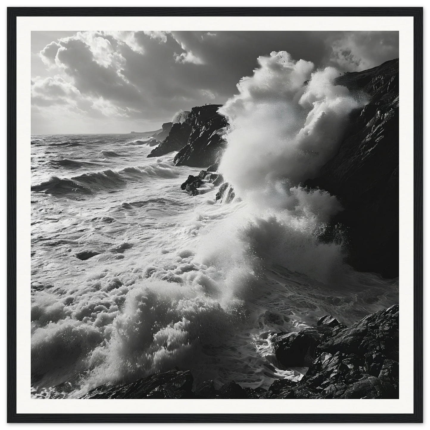 Powerful ocean waves crash on rocky cliffs in Sea’s Relentless Requiem artwork