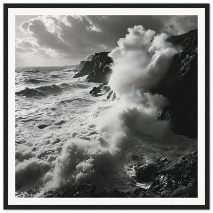 Powerful ocean waves crash on rocky cliffs in Sea’s Relentless Requiem artwork