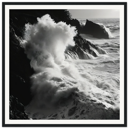 Powerful ocean waves crashing against cliffs in Seas Slaps Struzgwžues framed art