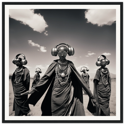 Black and white art of Maasai in robes and headphones, part of Serengeti Space Odyssey