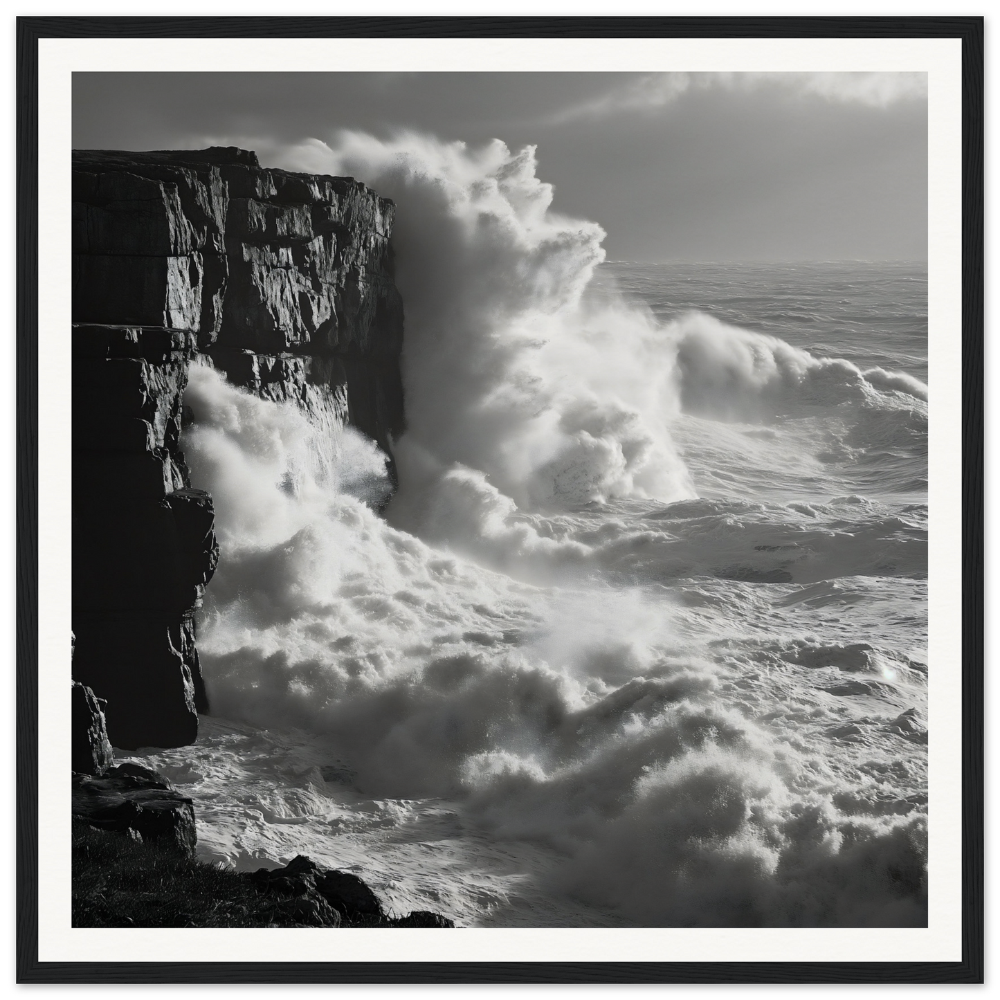 Powerful ocean waves crashing on cliffs, featured in Shattered Liquid Symphony special edition art™