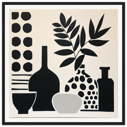 Black and white minimalist still life of vases and botanicals in Silhouette Reciprocity Waves