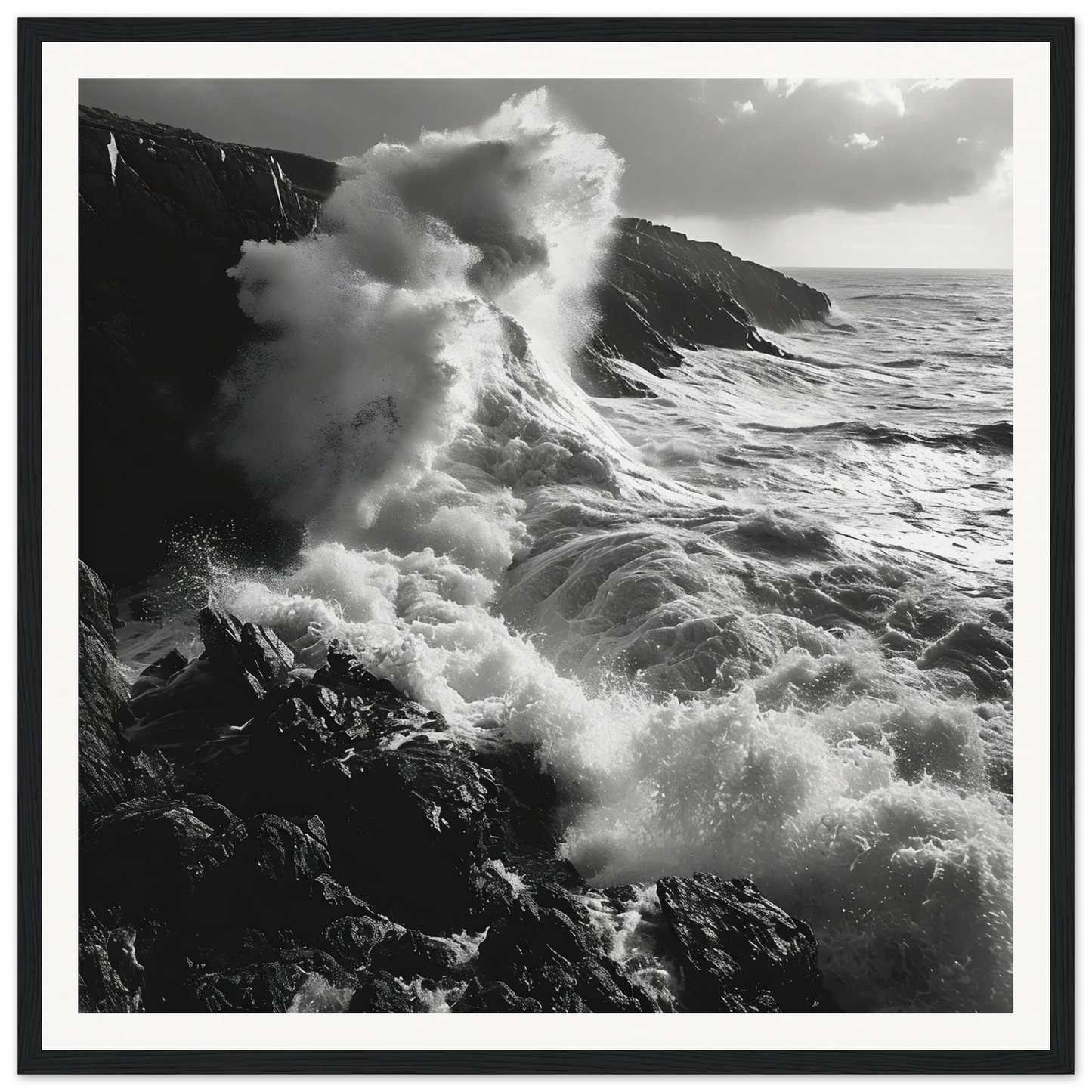 Powerful ocean waves crashing on cliffs in the Sinous Tidal Symphony art piece