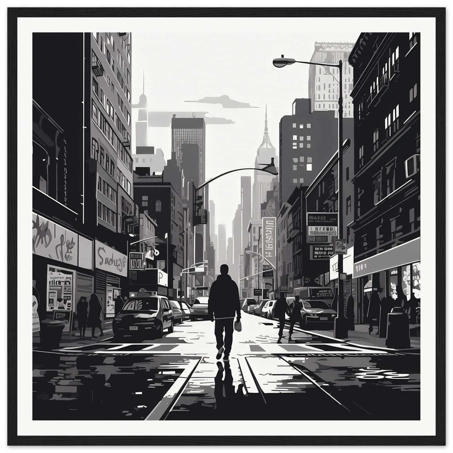 Silhouetted figure strolling city street in Solitude Charms Silhouettes framed poster