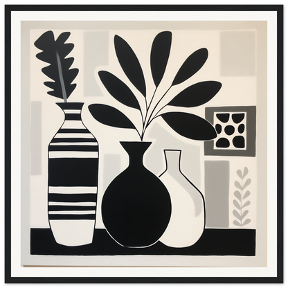 Black and white still life of vases for Stillness Serenade Meditations framed poster