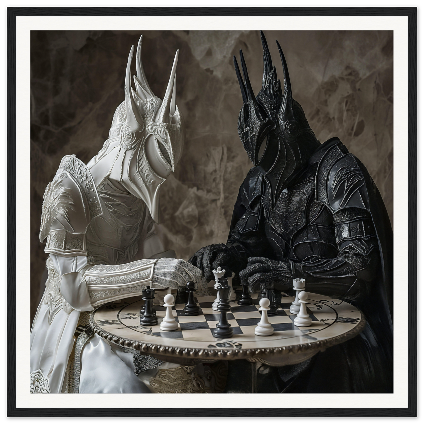 Two armored figures playing chess at a round table from Strategic Armor Delusion