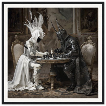 Two armored figures engaged in chess at an ornate table for Strategic Enigma Echoes