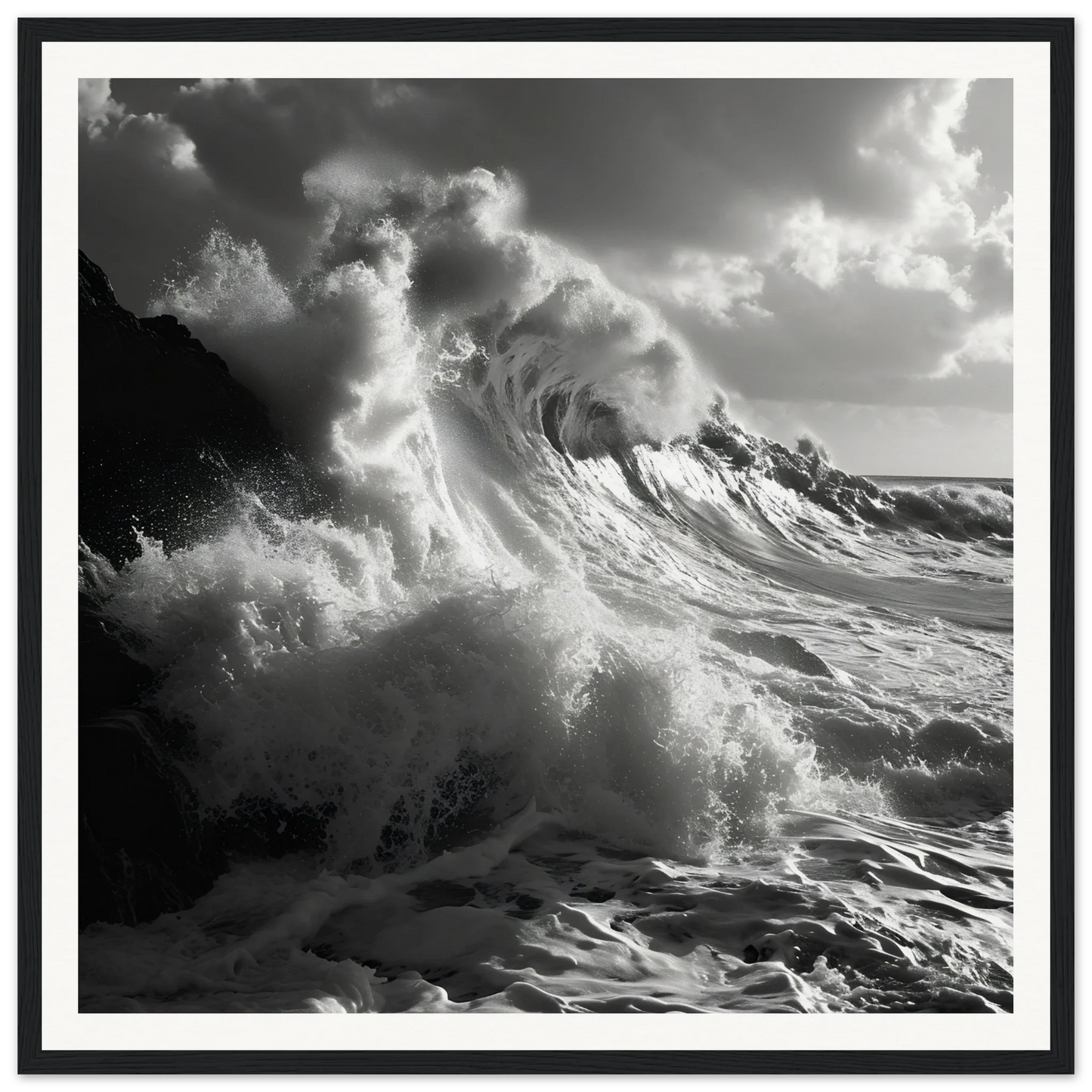 Powerful ocean wave crashing on rocks in black and white, Sublime Crest Odyssey art