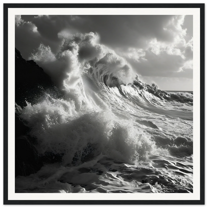 Powerful ocean wave crashing on rocks in black and white, Sublime Crest Odyssey art