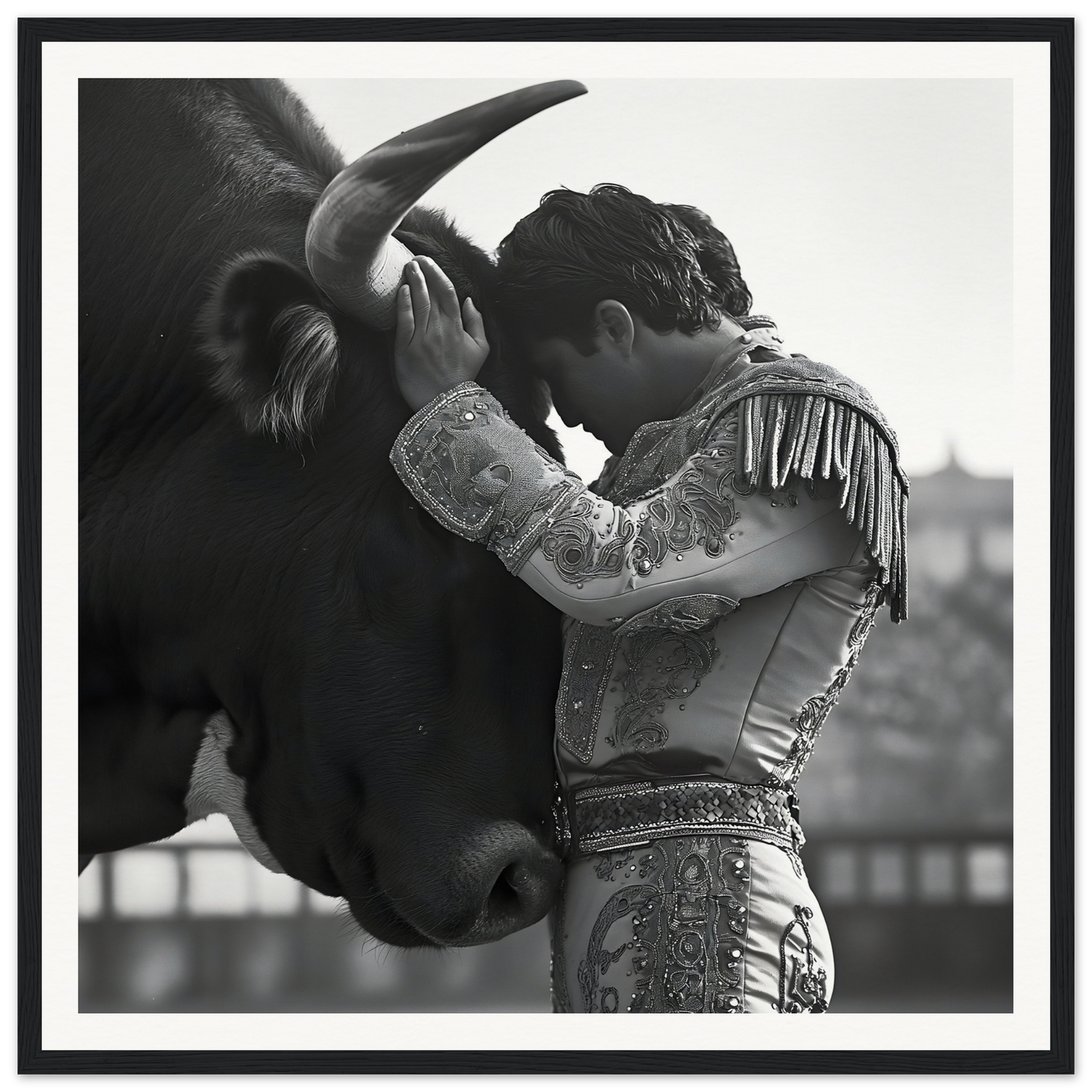 Matador in ornate suit tenderly embracing bull’s head in Sul T Toreador’s Reverie art