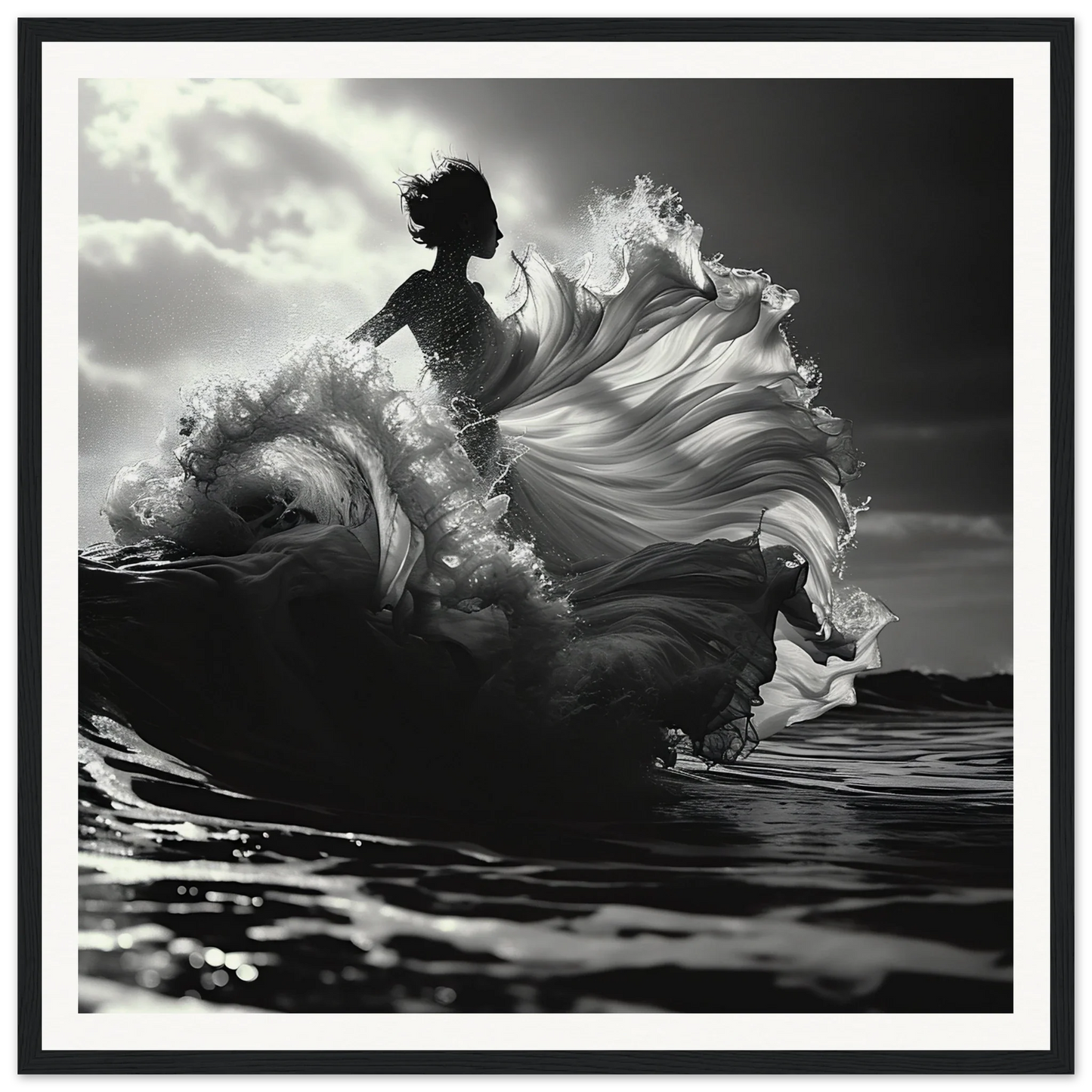 Silhouetted figure in a wave with white dress in Swirling Euphoria Dance art