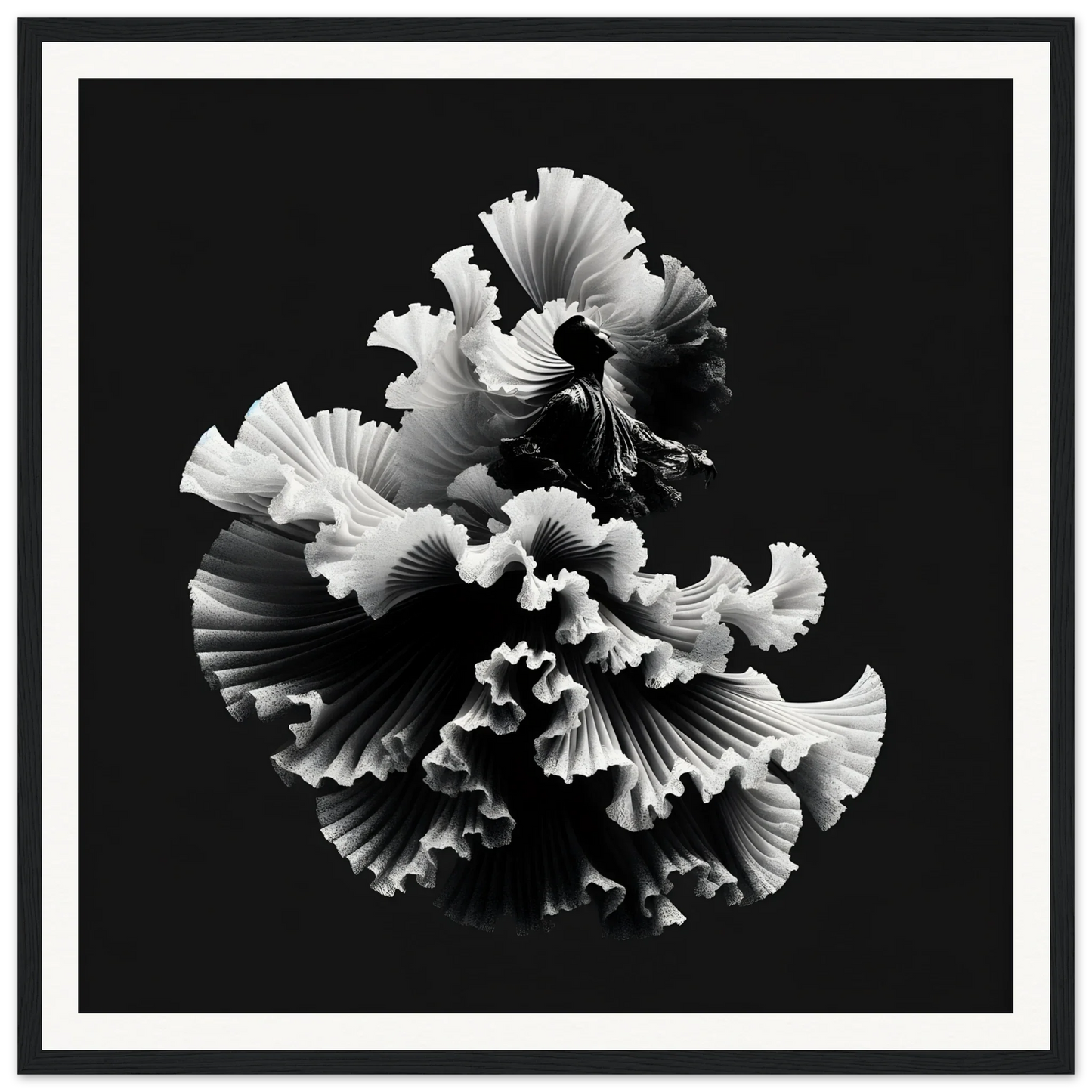 Delicate ruffled coral structure in black and white for Swirling Euphoria Unbound art