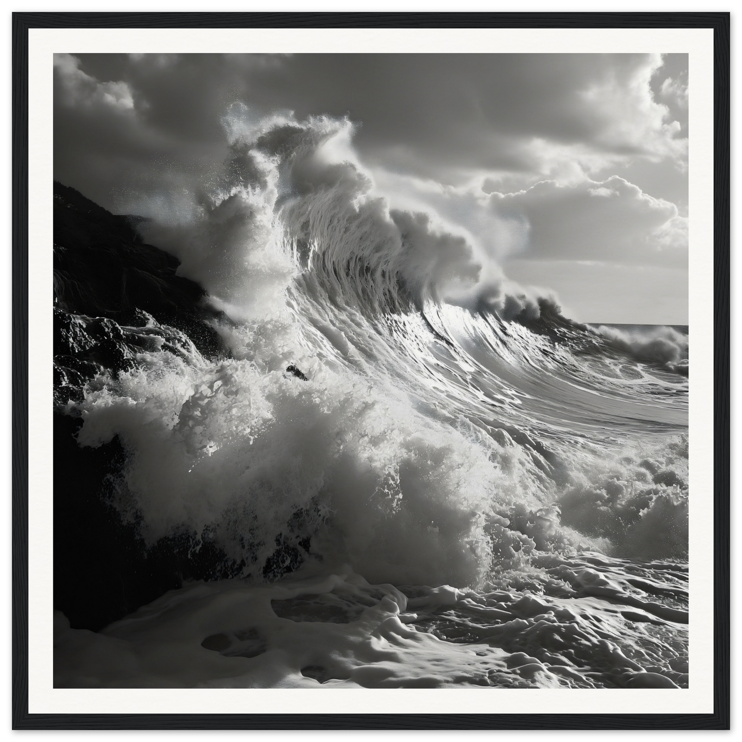 Dramatic ocean wave crashing under storm clouds for Tempestuous Dance Tribute framed poster