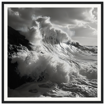 Dramatic ocean wave crashing under storm clouds for Tempestuous Dance Tribute framed poster