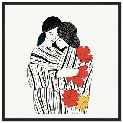 Black and white line art of a couple with flowers in the Tender Embrace Symphony framed print