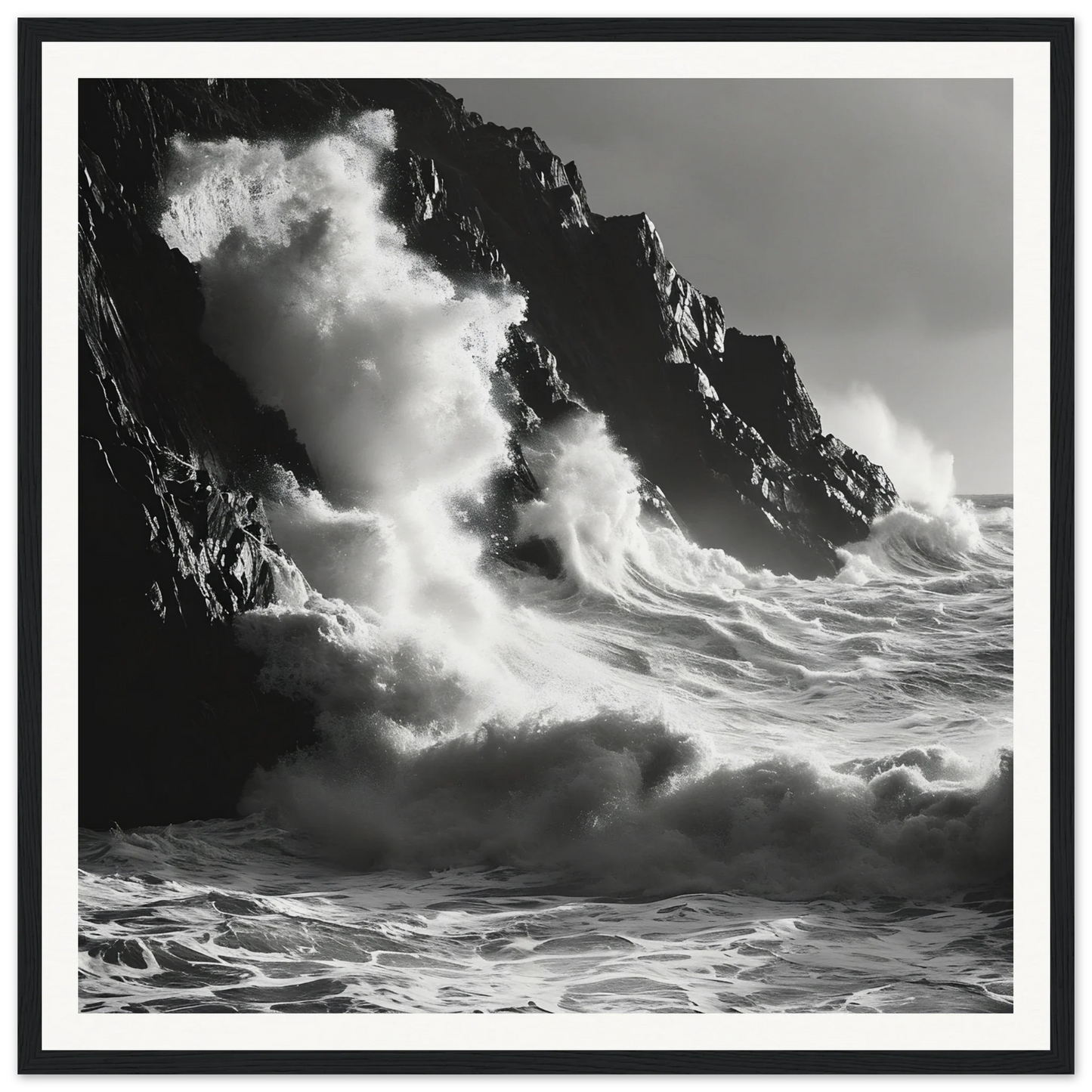 Powerful ocean waves crash on cliffs in Tidal Unfurl Dance framed wall art