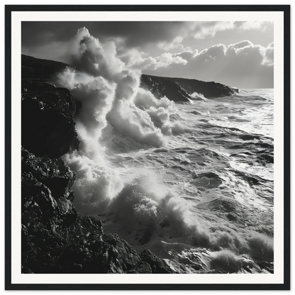 Powerful ocean waves crashing on cliffs in Tide’s Tumult Saga premium framed art