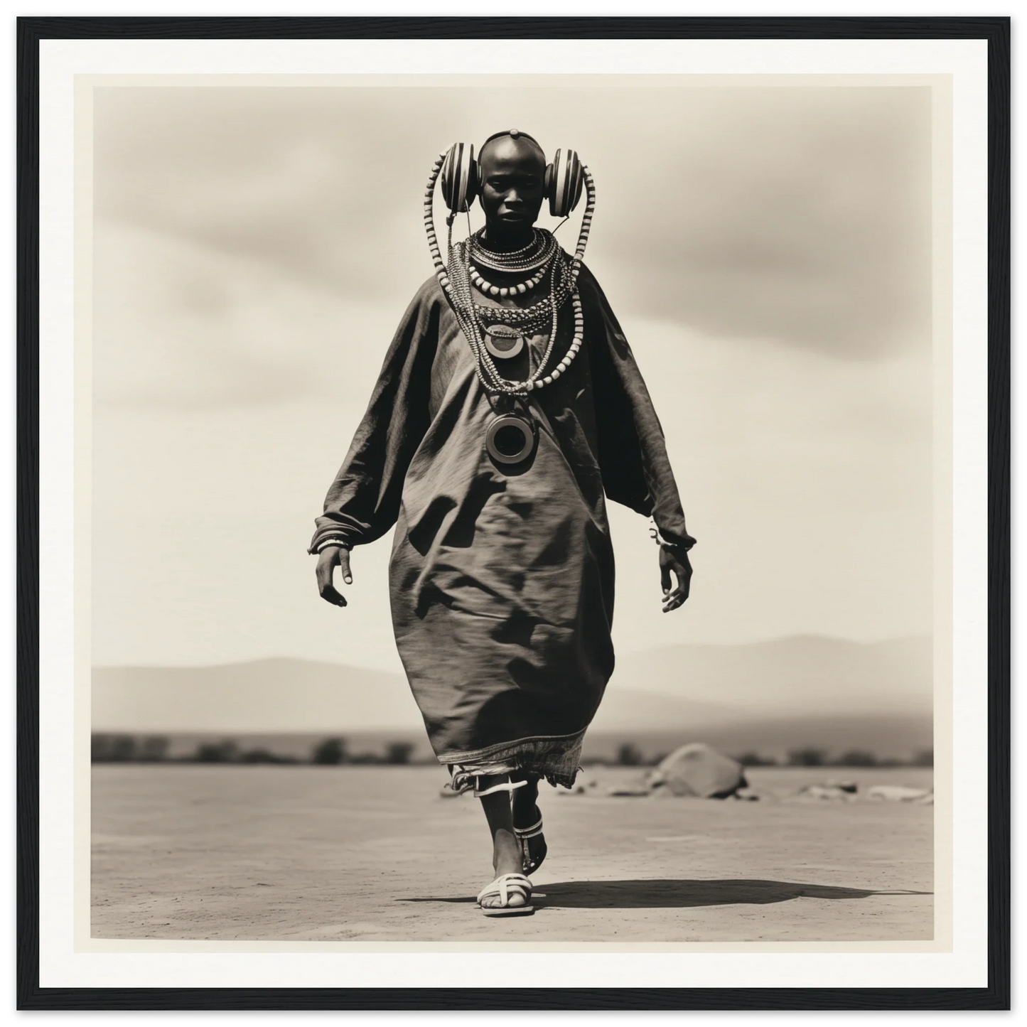 Black and white photo of a traditional African figure in Timeless Tribal Steps art™