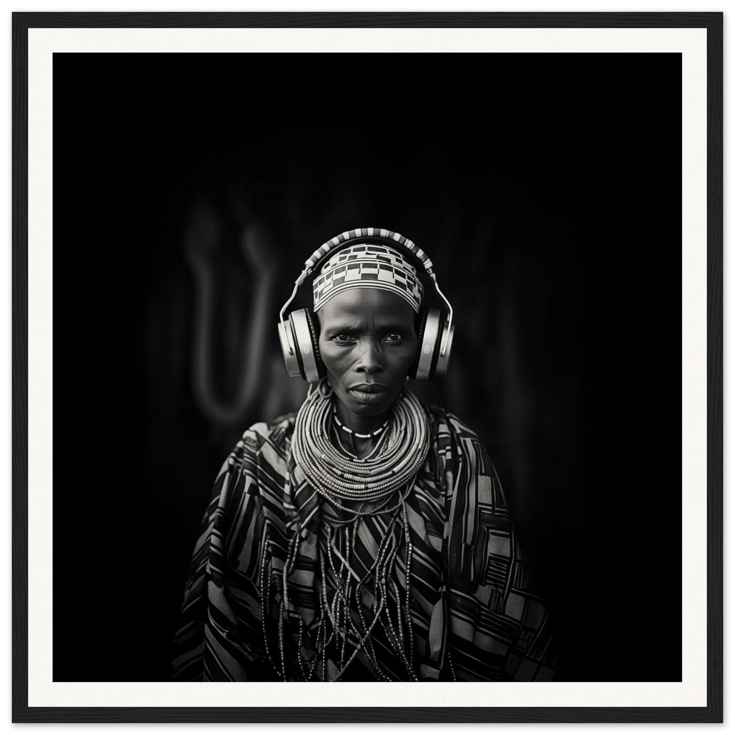 Striking black and white portrait in traditional African attire for Tribal Why-Fi™ art