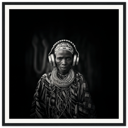 Striking black and white portrait in traditional African attire for Tribal Why-Fi™ art