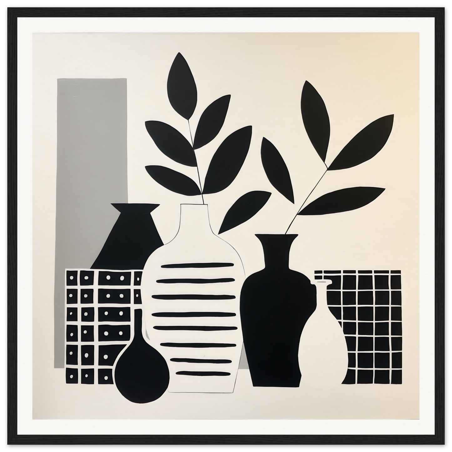 Black and white minimalist art of vases and leaves in Vase Symphony Zen design