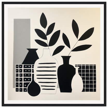 Black and white minimalist art of vases and leaves in Vase Symphony Zen design