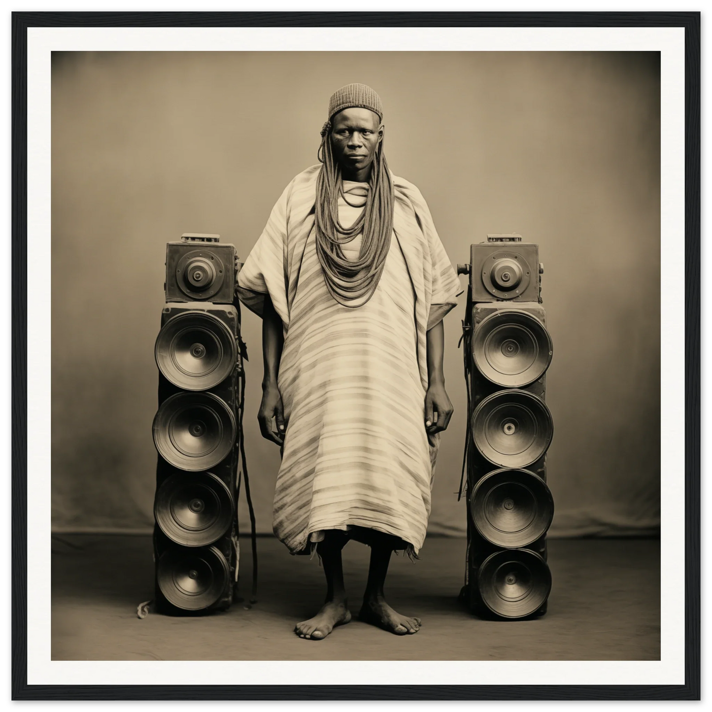 Person in traditional African dress by speakers, celebrating Voices Amid Pixels special edition art™