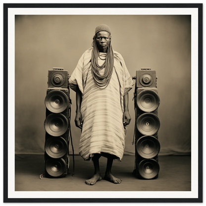 Person in traditional African dress by speakers, celebrating Voices Amid Pixels special edition art™