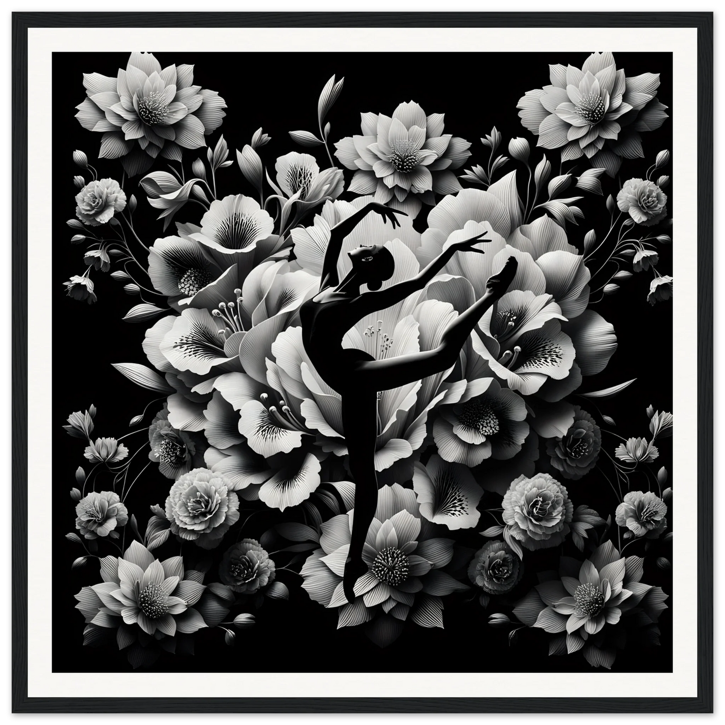 Silhouette of a ballet dancer in arabesque amid flowers for Waltzing Bloom Synthesis framed poster