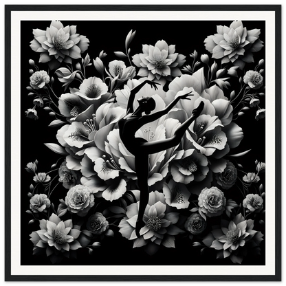 Silhouette of a ballet dancer in arabesque amid flowers for Waltzing Bloom Synthesis framed poster