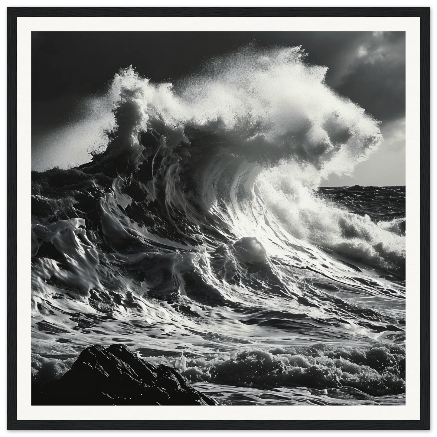 Ocean wave crashing with white spray in Wave’s Fury Howl framed wall art